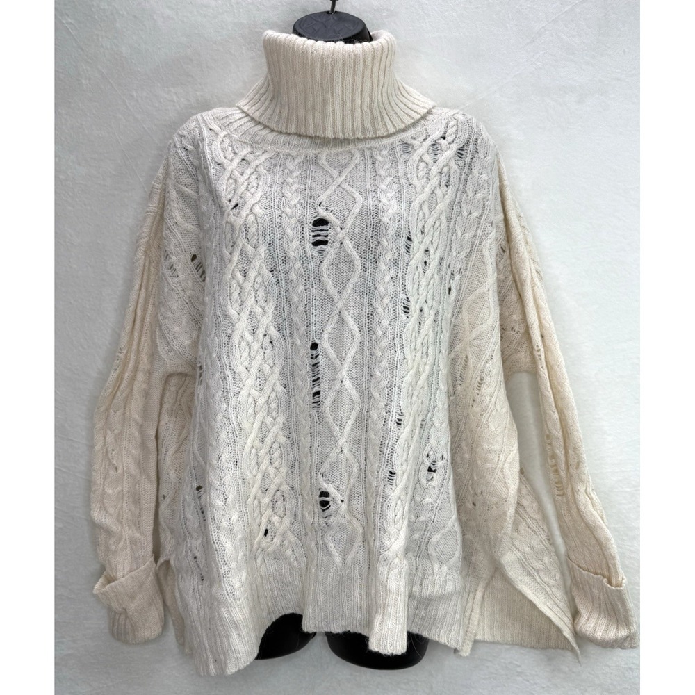 Free People‎ Anita Distressed Cable Knit Sweater in Ivory Size Small